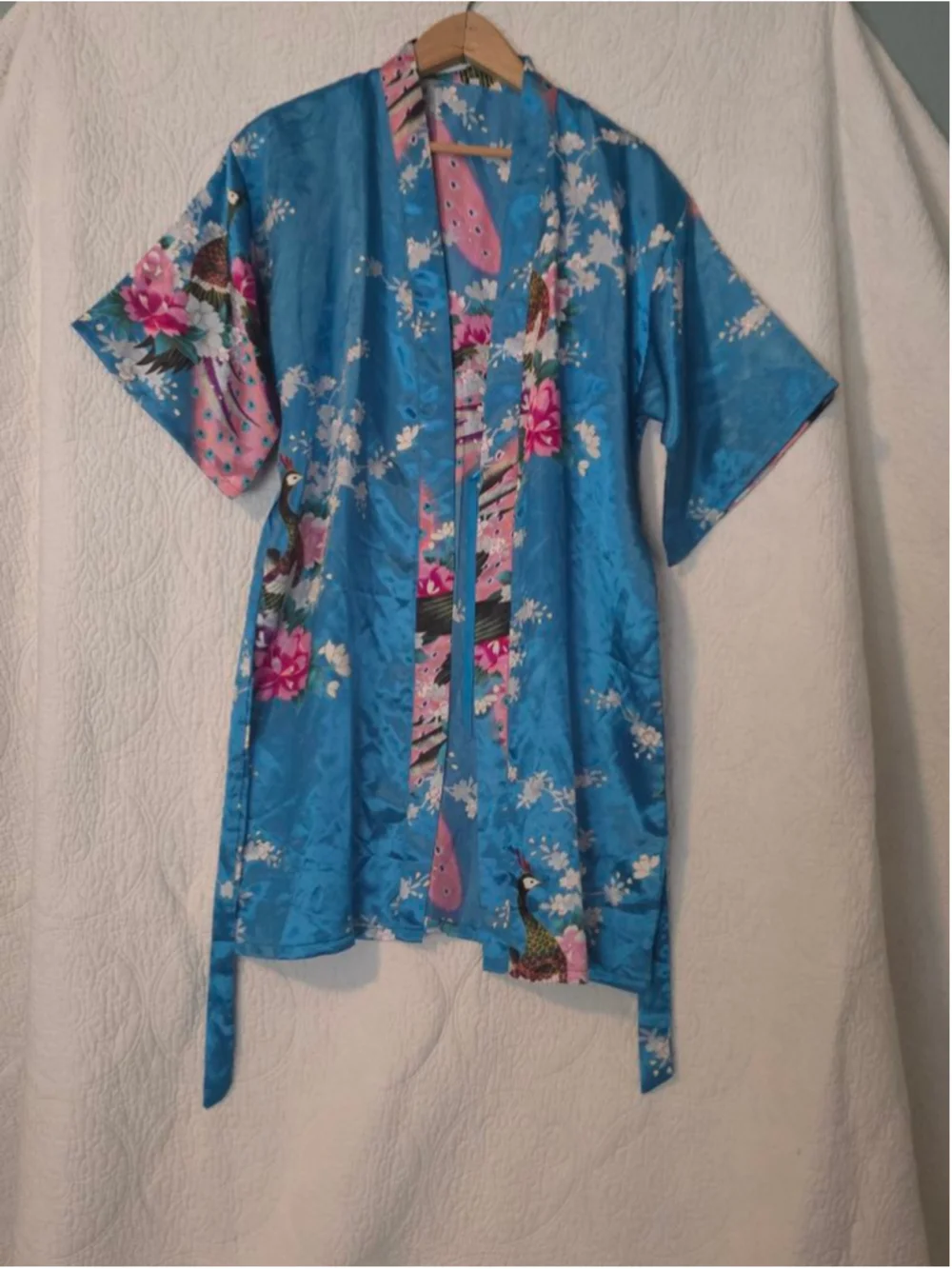 Teal Blue & Pink Satin Floral Peacock Kimono Robe Large Regency Special Occasion